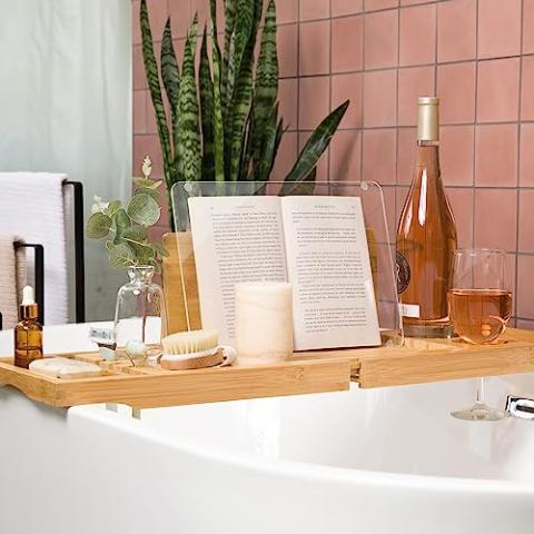 Luxe Lily Holds Your Book Open – Extendable Wooden Bathtub Tray Keeps Your Book Open While Protecting from Drips and Splashes - Perfect Bath Tub Tray for Reading and Relaxing in The Bathtub