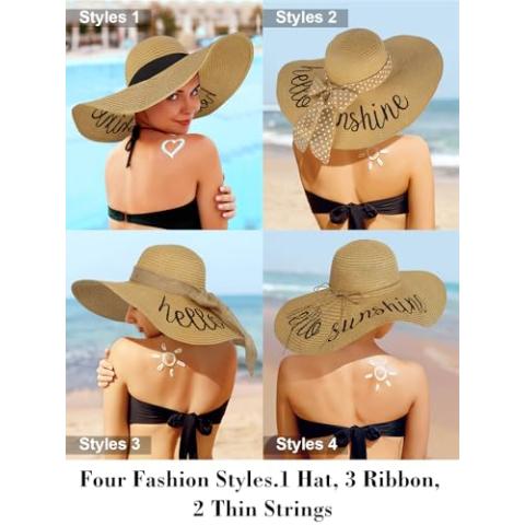Beach Hats for Women - Foldable Straw Hat Embroidered Wide Brim Floppy Sun Hat UPF 50+, Honeymoon, Travel, Cruise