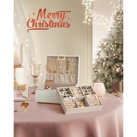 SONGMICS 2-Layer Jewelry Box, Jewelry Organizer with Handle, Removable Jewelry Tray, Jewelry Storage, Floating Effect, 8.1 x 9.4 x 4.3 Inches, Gift Idea, White UJBC165W01