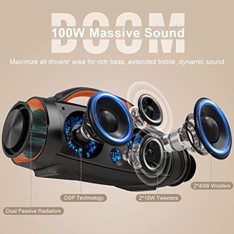 DOSS Extreme Boom Pro Bluetooth Speaker with 100W Stereo Sound, Rich Bass, IPX6 Waterproof, 20H Playtime, Power Bank, Mixed Color Light, Portable Speaker for Outdoor, Camping, Beach-Orange