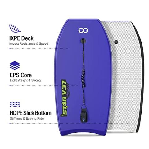 Bodyboard 33-inch/37-inch/42-inch Premium IXPE Body Board with Coiled Wrist Leash, Super Lightweight EPS Core and HDPE Slick Bottom, Perfect Surfing for Kids Teens and Adults