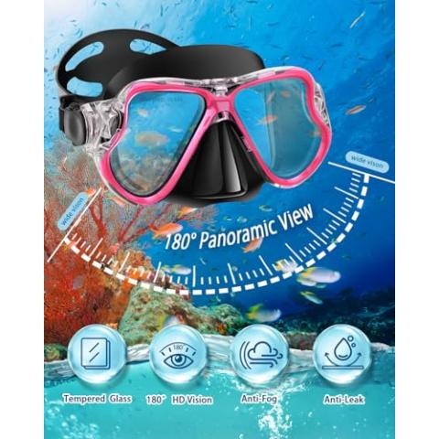Snorkeling Gear for Adults Kids, Dry Snorkeling Set, Panoramic Anti-Leak and Anti-Fog Tempered Glass Lens, Adjustable Strap Snorkel Set with Mesh Bag Ear Plug for Snorkeling Scuba Diving Travel