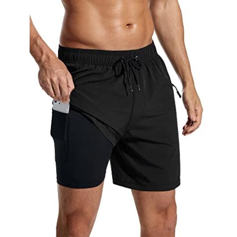 SILKWORLD 5'' 7'' 9'' Inch Mens Swimming Trunks with Compression Liner Quick-Dry Bathing Suit with Zipper Side Pockets