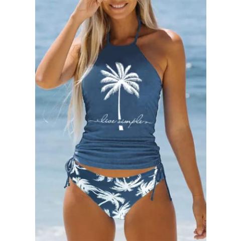 Women's Live Simple Coconut Tree Tankini Set Sexy Halter Neck Backless Swimsuit Drawstring Side Bathing Suit