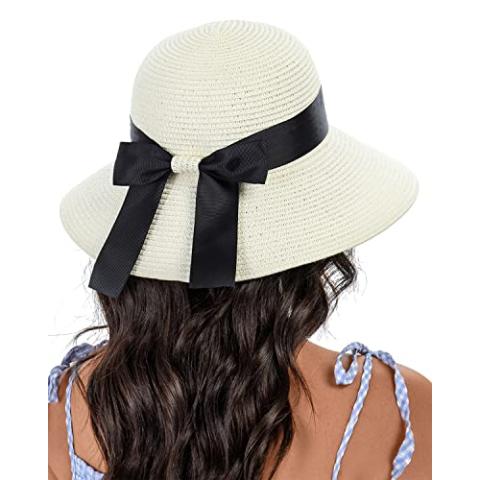 Sun Straw Hat for Women with Wind Lanyard Wide Brim Foldable Beach Summer Hats Womens UV 50+ Protection Bowknot Cap