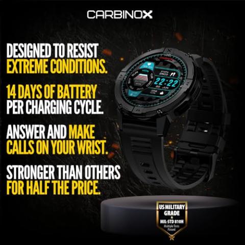 CARBINOX X-Ranger Smart Watch (Answer/Make Calls), Rugged Fitness Tracker IP69K Waterproof, Compatible with Android and iOS, 14 Days of Battery Military Durable, AMOLED Screen