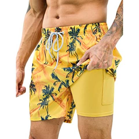 Mens Swim Trunks with Compression Liner 7 inch Inseam 2 Pack Quick Dry Stretch Beach Shorts Bathing Suits Swimwear