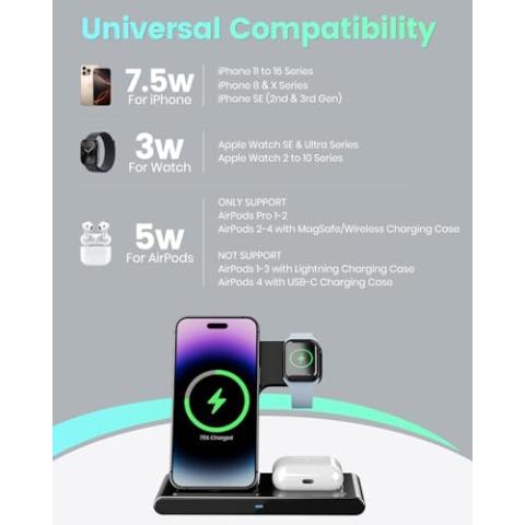 Wireless Charger iPhone Charging Station: 3 in 1 Charger Stand Multiple Devices for Apple - iPhone 16 15 14 Pro Max 13 12 11 - Watch 10 9 8 7 6 5 4 3 2 SE and Ultra Series - Airpods 4 3 2 Pro