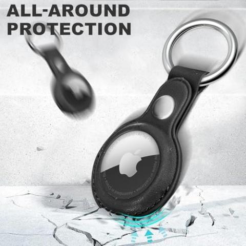 Woyinger Leather AirTag Keychain Holder - Protective Case and Key Ring for Apple AirTags - Black