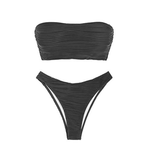 ZAFUL Women Strapless Wave Bandeau Bikini 2 Piece Swimwear Cheeky Solid Lace up Bathing Suits