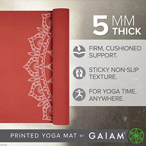 Gaiam Yoga Mat - 5mm Thick Yoga Mat - Non-Slip Exercise Mat for All Types of Yoga, Pilates & Floor Workouts - Textured Grip, Cushioned Support, Variety of Designs (24 x 68 inches long), Sunburnt Marrakesh