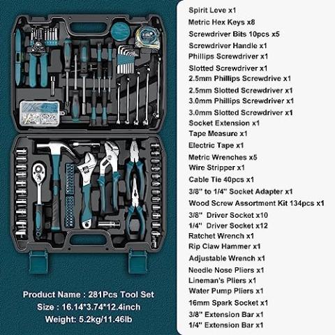 Sundpey Home Tool Kit 281-PCs - Protable Complete Basic Repair General Hand Tool Sets for Men Women - Full Tool Set with Socket Wrench Set & Screwdriver Set & Metric Hex Key & Pliers & Tool Box Case