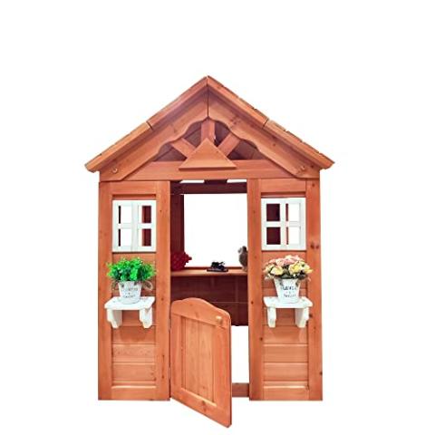 Wooden Playhouse for Age 3-6 Years Boy Girl, Outdoor Cottage Playhouse with Door, 2 Windows, 3 Serving Station, Shelf & Flowerpot Holder, Outdoor Garden Lawn Patio Yard Cottage for 3-6 Age Boy Girl.