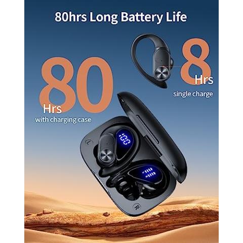 PocBuds Bluetooth Headphones Wireless Earbuds 80hrs Playtime Wireless Charging Case Digital Display Sports Ear Buds with Earhook Deep Bass IPX7 Waterproof Over-Ear Earphones for TV Phone Laptop Black