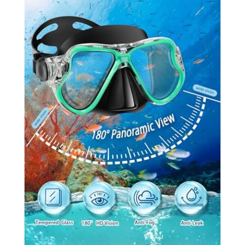Mask Fins Snorkel Set, Snorkeling Gear with Short Fins for Adults with Panoramic View Mask, Dry Top Snorkel, Adjustable Swim Fins and Travel Bag, Adults Snorkel Gear for Swimming Snorkeling