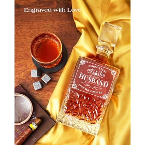 Kollea Birthday Gifts for Husband from Wife, Whiskey Decanter Set with Glasses & Whiskey Stones, Personalized Romantic Anniversary Weeding Stuff Presents for Men Him, for Whiskey Bourbon Liquor Vodka