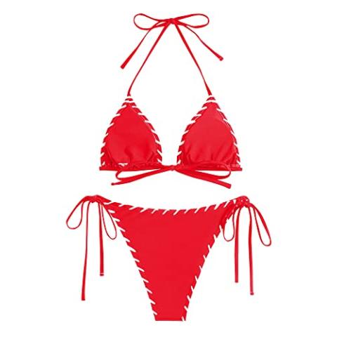 ZAFUL Women Bikini Set Two Piece Twisted Trim Tie Back Halter Cheeky Swimsuit Bathing Suit