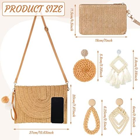 Straw Clutch Purse for Women Rattan Earrings Set Summer Beach Straw Bag Boho Handbag Woven Wallet for Girl Vacation