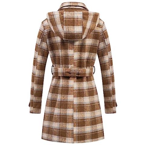 Chrisuno Women Peacoat Woman Women's Basic Designed Notch Lapel Double Breasted Mid-Long Wool Pea Coat Light Brown Plaid XL