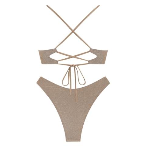 ZAFUL Women's Two Piece Swimsuit Textured U-Wired Metal Criss Cross String Bikini High Leg Bathing Suits