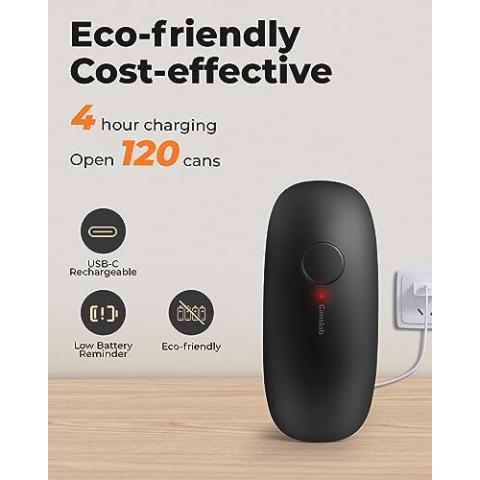 Canslab Rechargeable Electric Can Openers for Kitchen for Seniors with Arthritis- USB Battery Automatic Can Opener for Any Size Can - Smooth Edge, Handsfree, Easy One Touch Side Cut Opener, Black