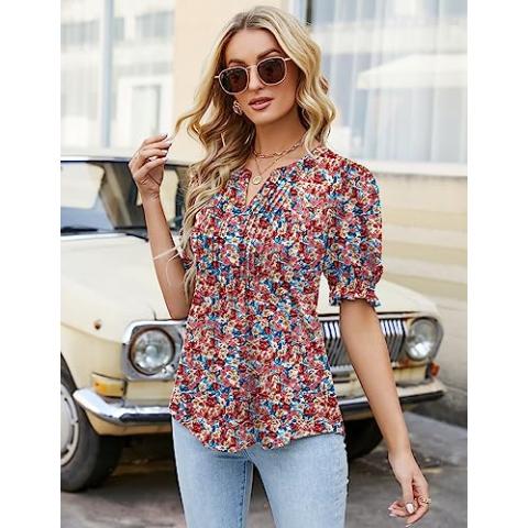 Ivicoer Women's Summer Puff Short/Long Sleeve Tops V Neck Pleated Shirts Floral Tunic Blouses Dressy Casual S-XXL