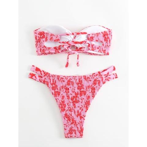 GORGLITTER Women's Strapless Bikini Set Floral Bow Bandeau Swimsuit String High Waisted Smocked Bathing Suit
