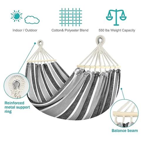 MOSFiATA Hammocks Portable Camping Hammock Upgraded 550lb Comfortable Fabric Hammock with Two Anti Roll Balance Beam and Sturdy Tree Straps for Camping, Patio, Backyard, Outdoor （Gray White）