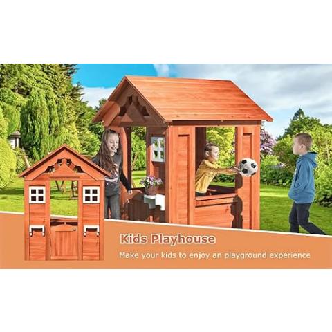 Outdoor Playhouse for Age 3-6 Years Boy Girl, Wooden Cottage Playhouse with Window & Flowerpot Holder, Play House for Outdoor Garden, Lawn, Patio, Yard.