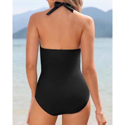 Holipick Women Halter One Piece Swimsuits Tummy Control Bathing Suit Slimming Push Up Swimwear V Neck