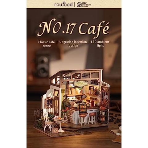 Rowood Miniature House Kit,Tiny House Kits to Build to Live in,DIY Wooden Crafts for Adults,Mini Model Kits with LED,Birthday for Teens(NO.17 Cafe)