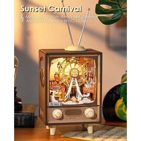 Rolife 3D Wooden Puzzles for Adults DIY Book Nook Kit 16" Ferris Wheel Music Box Model Building Set with LED Crafts for Adults Gifts for Girls Boys (Sunset Carnival)