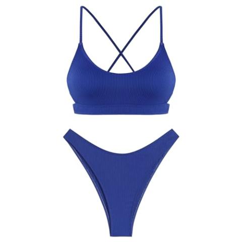 ZAFUL Women's Cutout Bikini Sets Scoop Neck Back Criss Cross Tie Ribbed High Cut Bikini Swimsuit Two Piece Bathing Suits