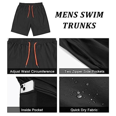 Mens Swim Trunks with Compression Liner Quick Dry Swimsuit 7 inch Inseam Swimming Shorts with Zipper Pockets