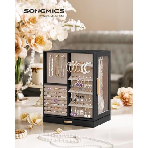 SONGMICS Jewelry Box 360° Rotating, Jewelry Storage Case with 5 Drawers, Jewelry Organizer, Glass Window, Spacious, Vertical Jewelry Storage, Open Design, Great Gift, Graphite Black UJBC170B01