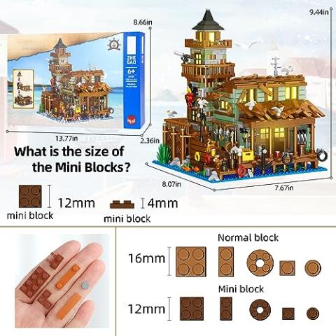 Fishing Village Store House Building Set with LED Light, 1881 PCS Wood Cabin Mini Building Block, STEM Architecture Toys Kit, Birthday Gift for Adults Ages 8-12+ Years（Not Compatible with Set ）