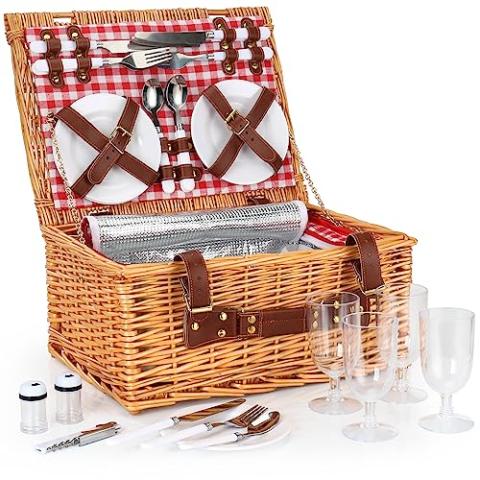Wicker Picnic Basket Set for 4 Persons,Willow Hamper with Large Insulated Cooler Compartment,Plates,Wine Glasses, Flatware Perfect for Picnic, Camping (Pink & White)