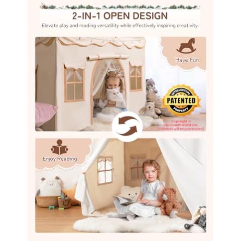 besrey Kids Tent, Kids Playhouse 2 in 1 with Padded Mat and String Lights, Large Play house with 2 Doors & 4 Windows, Kids Play Tent Indoor & Outdoor, Toddler Tent for Kids, 51" x35" x 51