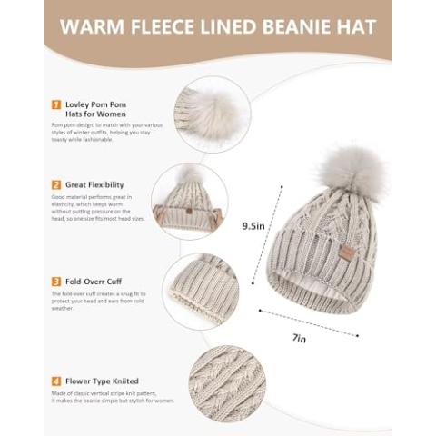 Womens Beanie Hat Scarf Gloves Set, Soft Fleece Lined Winter Hat with Pom Pom, Long Knit Scarf Neck Warmer Touchscreen Gloves for Cold Weather, 3 in 1 Warm Set(Oatmeal)