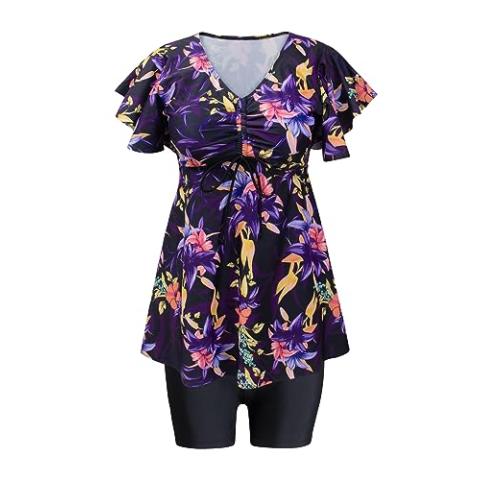 Fanuerg Women's Tankini Swimsuits Ruffled Flowy Tankini Tops with Boy Shorts Swimwear Tummy Control Two Piece Bathing Suits