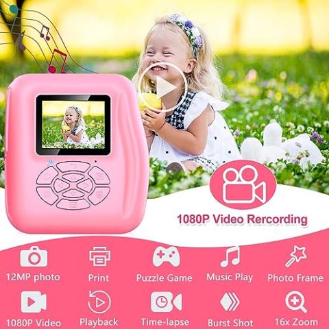 Instant Print Camera Gift for Kids Age 3-12 Girls Boys, 1080P HD Selfie Digital Camera, 12MP Kids Print Camera Toy with 180°Rotatable Camera, 16X Digital Zoom, 32GB TF Card, Colored Pens (Pink)