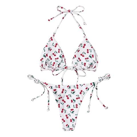 SOLY HUX Women's Bikini Sets Cherry Print Halter Triangle Tie Side Bathing Suits 2 Piece Swimsuit