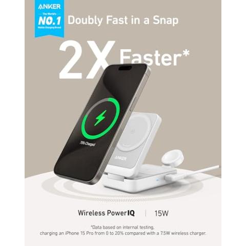 Anker MagGo 3-in-1 iPhone 16 Charging Station, MagSafe-Compatible Wireless Charger Stand, Qi2 Certified 15W Foldable Charger for iPhone 15/14, AirPods, Apple Watch 9 (40W USB-C Charger Included)