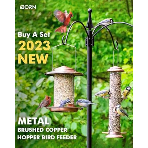 iBorn Metal Bird Feeder for Outside Hanging,Wild Bird Feeders for Cardinal,18cm Large Roof&Tray Brushed Copper 6 Port (Seed is not Included)