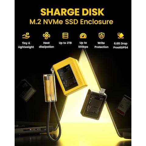 sharge Disk M.2 NVMe SSD Enclosure with Active Cooling System, 10Gbps USB C 3.2 Gen2, Enclosure NVMe Reader Supports M Keys and Size 2230 SSDs, Yellow