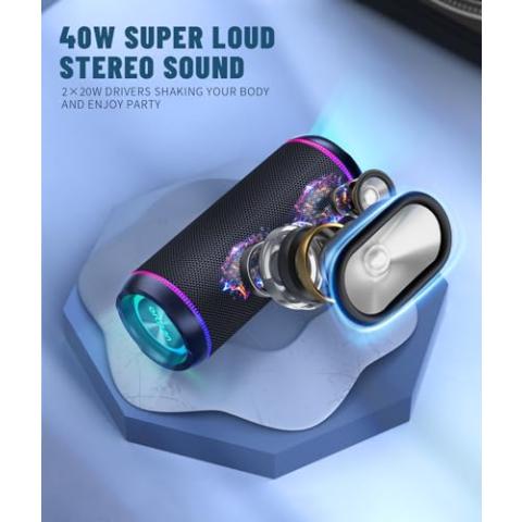 Ortizan Portable Bluetooth Speaker, 40W Loud Sound and Deep Bass, IPX7 Waterproof, True Wireless Stereo, Bluetooth 5.3, Colorful Flashing Lights, Preset EQ, USB Play, for Home, Outdoor, Party, Black