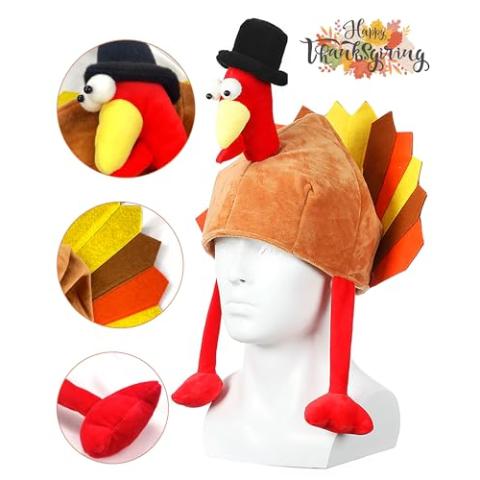 Hikkcos Thanksgiving Turkey Hat and 3 Packs Bead Necklaces Turkey Head Costume Plush Gobbler Hat for Thanksgiving Trot Dress Up Party, Role Play and Carnival Cosplay