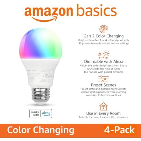 Amazon Basics Smart A19 LED Light Bulb, Multicolor Changing, 9W (60W Equivalent), 800LM, Works with Alexa Only, 2.4 GHz Wi-Fi, No Hub Required, 4-Pack