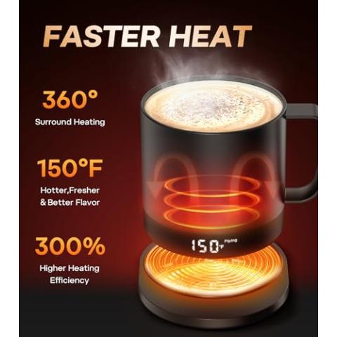 Temperature Control Smart Mug, Self-Heating Coffee Mug with Double-Sided & Real-Time Temperature LED Display, Surround Heating, Improved Waterproof Design, Gifts for Friends, Parents(Black – 14 oz)