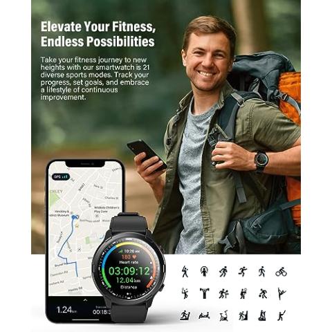 GPS Smart Watch for Men Women, Rugged Outdoor Watch with GPS and Compass, Fitness Tracker with Heart Rate Blood Oxygen Sleep Monitor, IP68 Waterproof, 1.32" Touch Screen, Compatible Android iOS iPhone